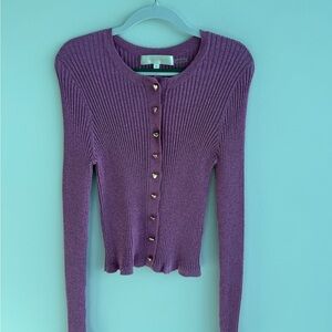 LoveShackFancy Purple Ribbed Heart-Button Cardigan